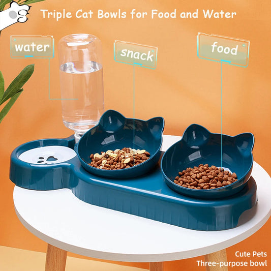 Triple Cat Bowls Pet Feeder, 2-in-1 Double Bowls with Automatic Drinking Bottle, Tilted and Rotatable Design for Cats and Dogs StepbyStep