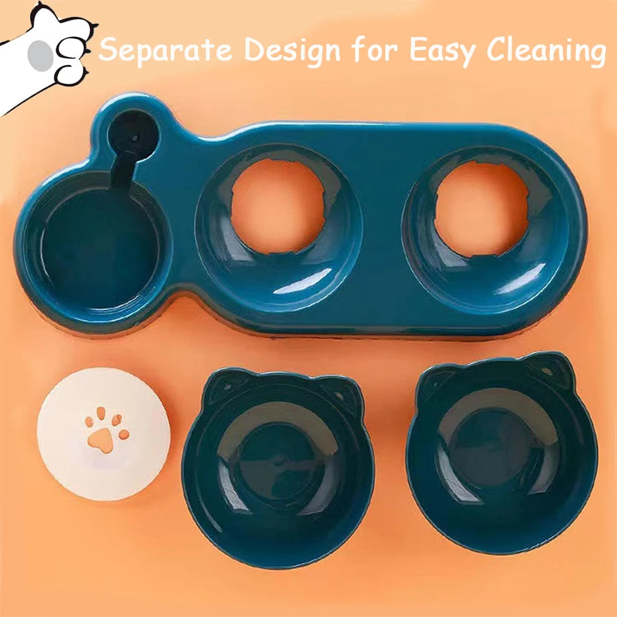 Triple Cat Bowls Pet Feeder, 2-in-1 Double Bowls with Automatic Drinking Bottle, Tilted and Rotatable Design for Cats and Dogs StepbyStep